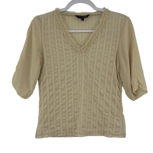 Y2K DekoZ Fur Trim Womens Top Sz 2 Preppy V-Neck Minimalist Cottage Neutral Cozy - Picture 1 of 8